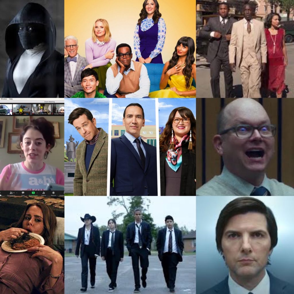 a collection of characters showing Sister Night, the Good Place cast, the Lovecraft Country cast, Mary Neely, the Rutherford Falls cast, Colin Robinson, Alice Macray, the cast of Reservation Dogs, and Mark Scout